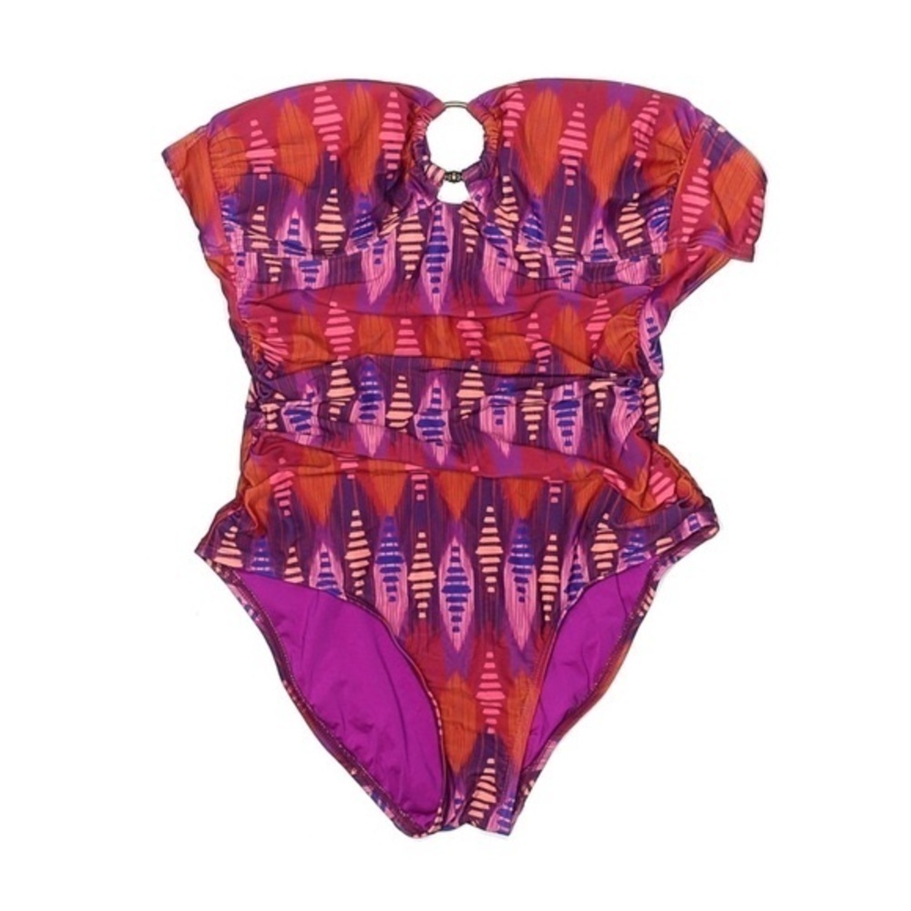 Vix Paula Hermanny Bandeau One Piece 6 Boho Print Gold Ring Ruched Tie Back